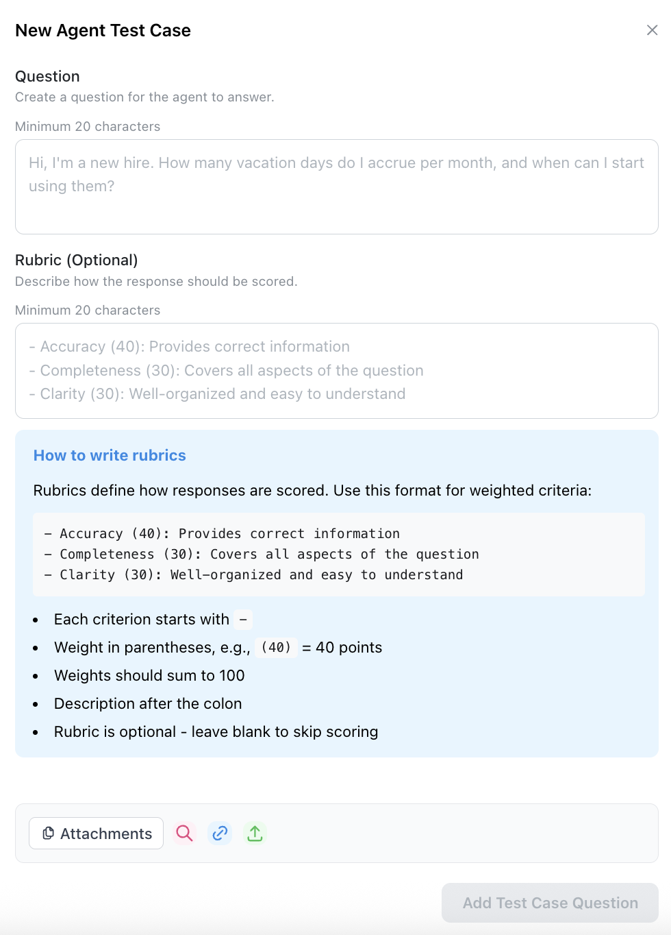 Rubric editor for a test question with criteria, point values, and scoring guidance