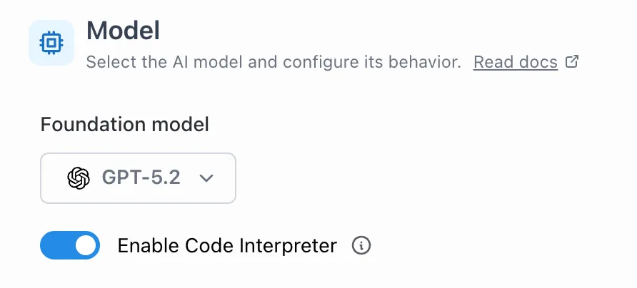 The Code Interpreter toggle in the agent settings