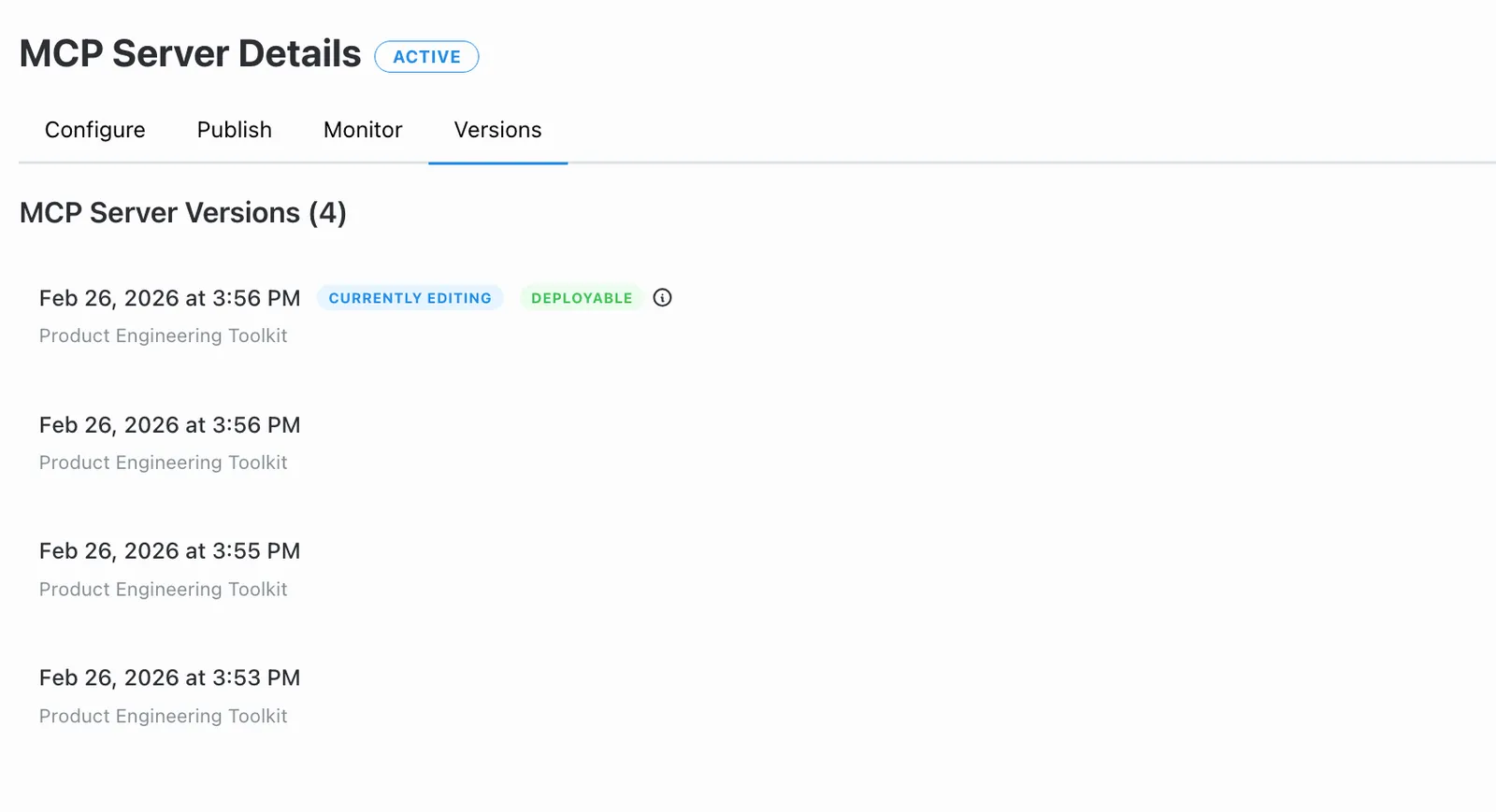 Version history of an MCP server with the option to revert to a previous version