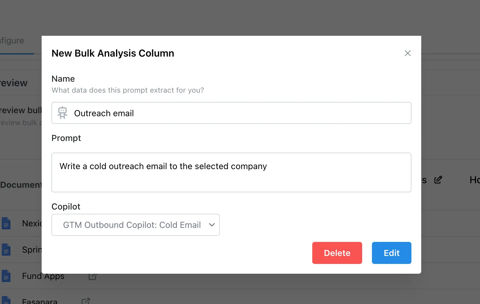 Completed column configuration for generating a cold outbound email with a selected Agent