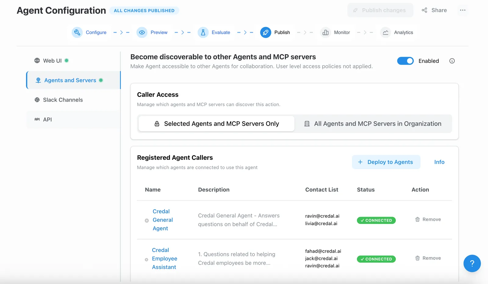 Publish tab with the Callable toggle enabled to make the agent discoverable