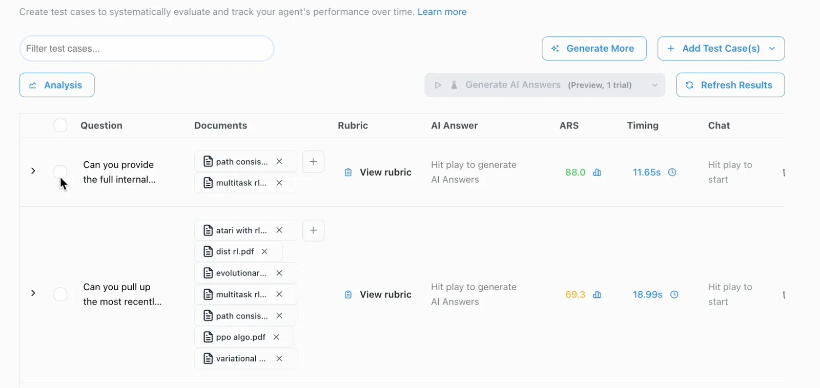 Evaluate tab showing the Agent Reliability Score alongside test case results