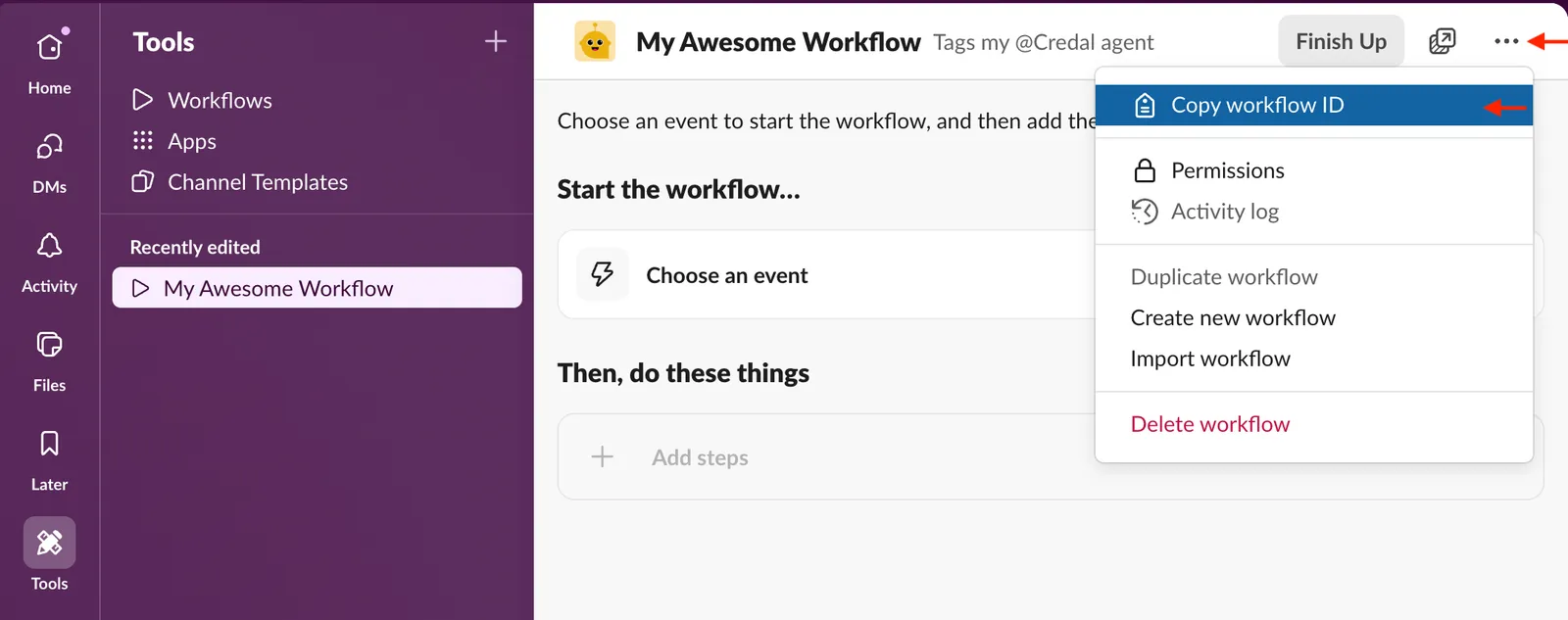 Slack workflow details showing where to copy the Workflow ID
