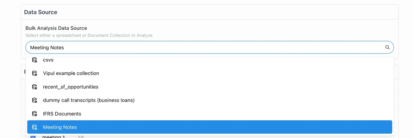 Dialog for linking a Document Collection or spreadsheet as the Bulk Analysis data source