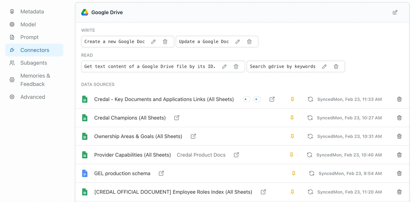 Attached data sources with a bookmarked source pinned via the yellow pin icon
