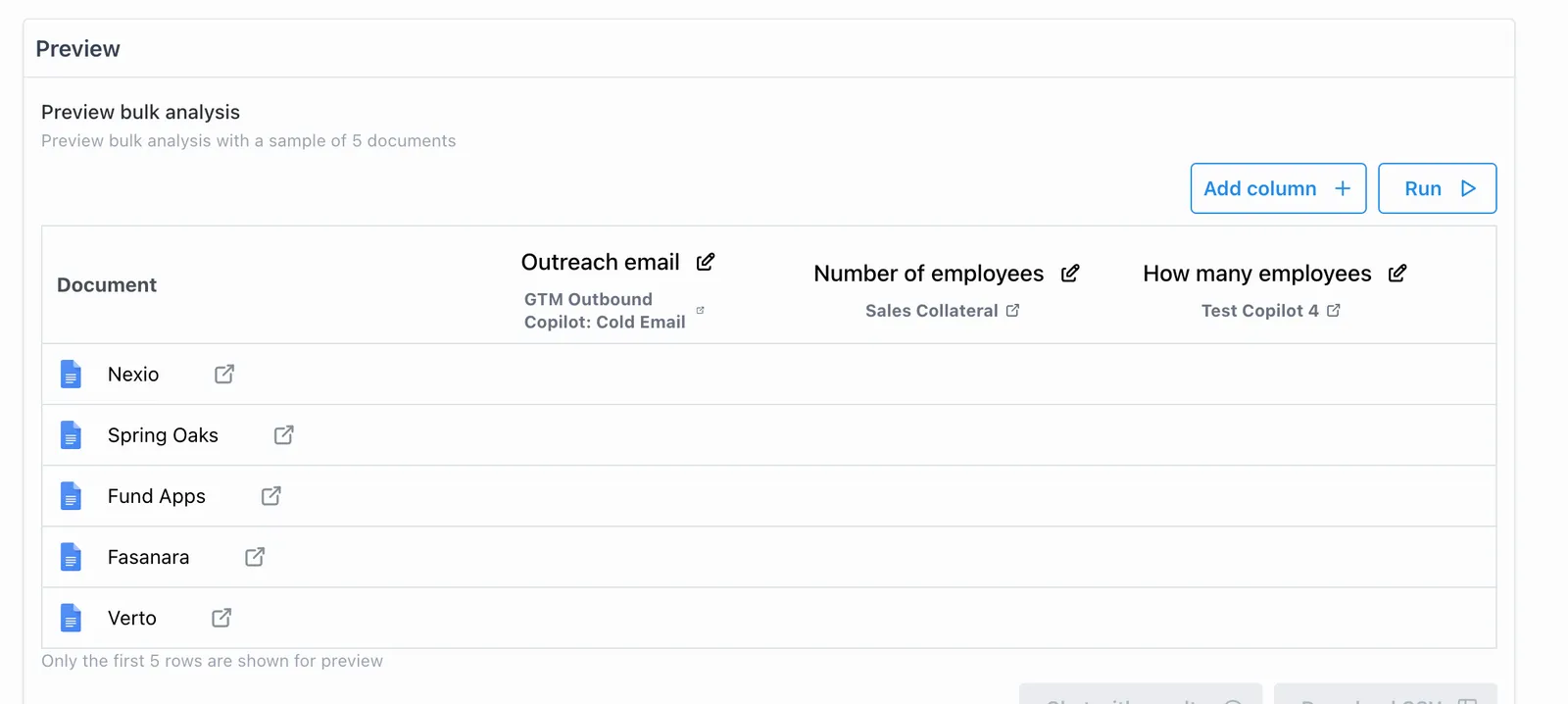 Preview table with multiple configured columns each extracting different insights