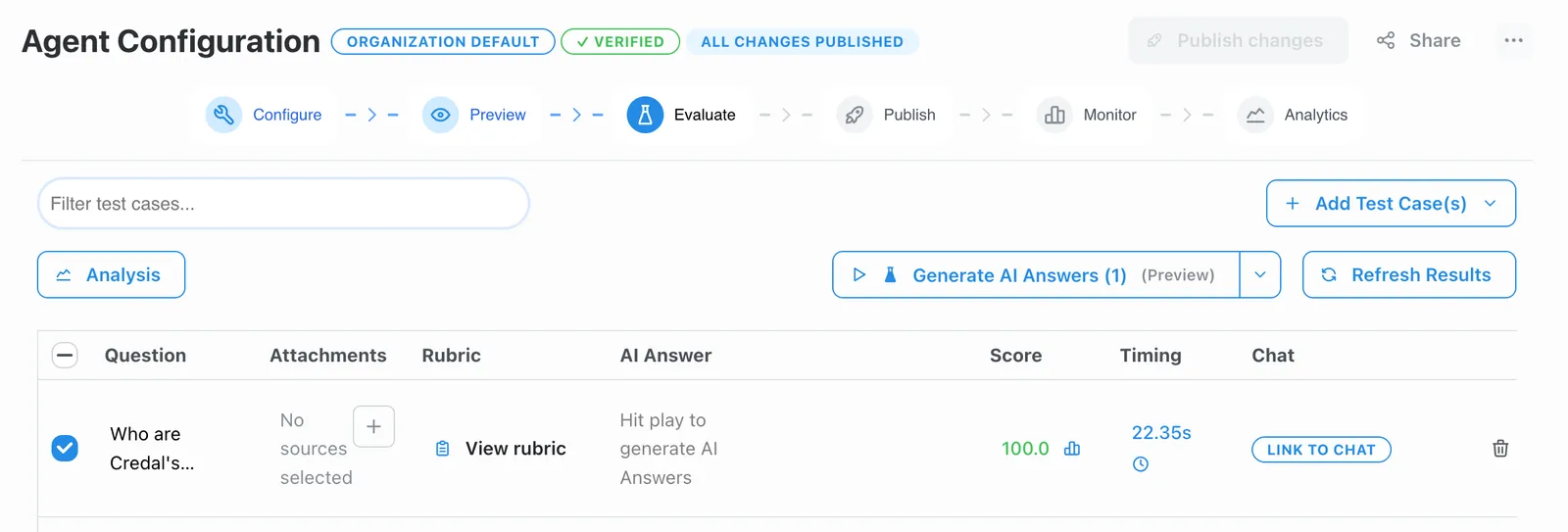 Generate AI Answers button running the agent against all test questions