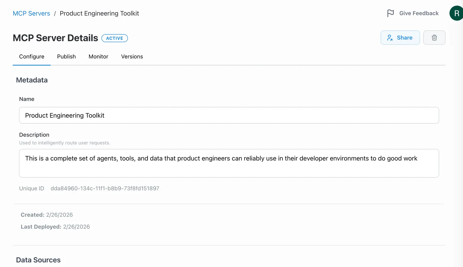 Server configuration page for adding data, tools, and agents