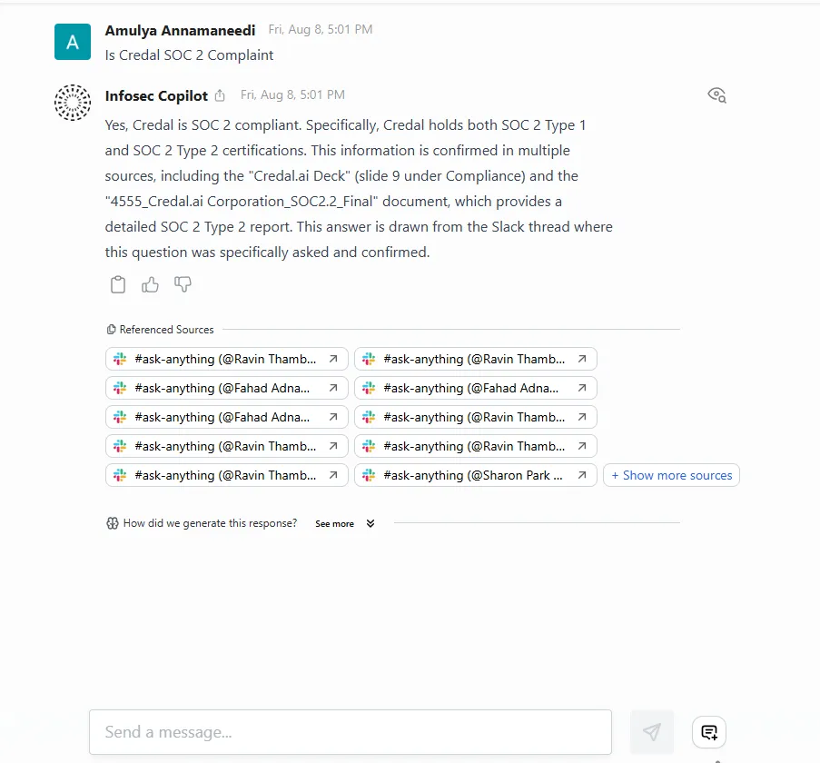 Agent answering a question in the chat with clickable source citations