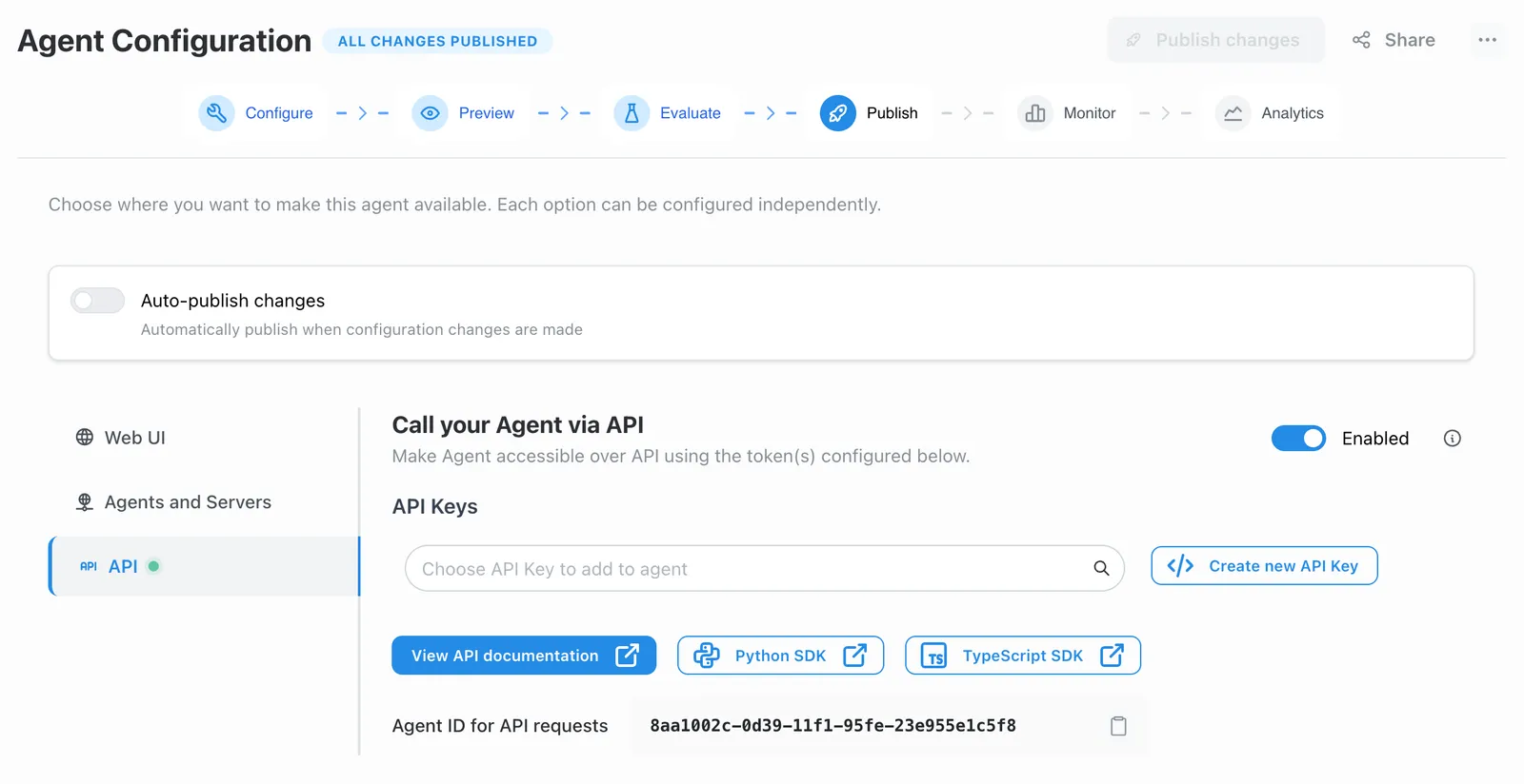 Toggle for enabling API access and generating an agent API key
