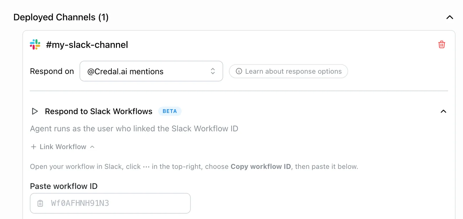 Slack publishing settings with the Respond to Slack Workflows toggle enabled and a Workflow ID pasted in
