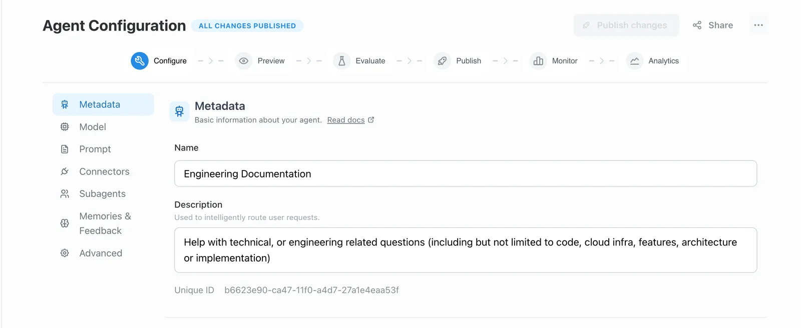 Editing the agent name and description on the Agent Configuration page