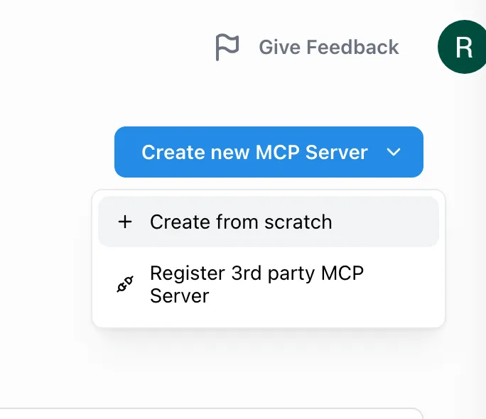 Create New MCP Server button with the Create from Scratch option