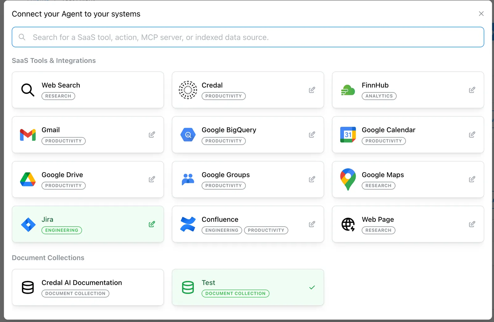 The dropdown for searching actions by tool or integration