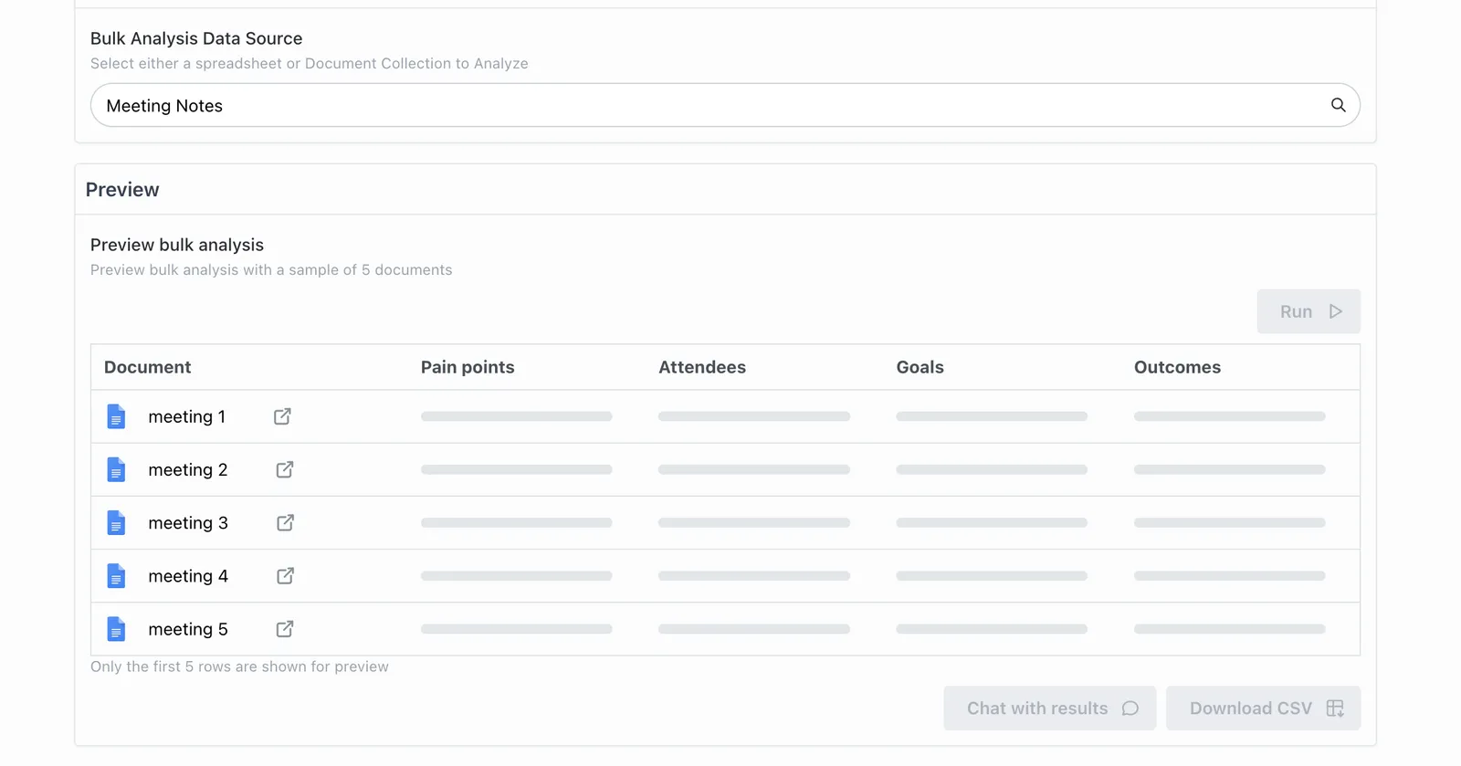 Preview run in progress on the first five rows of source data