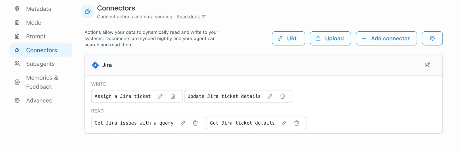 Attached actions shown in the connectors section of the agent configuration