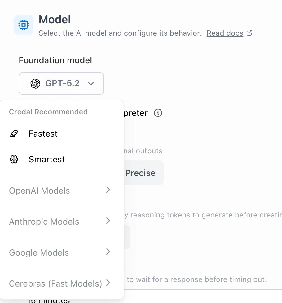 The model selection dropdown listing models from OpenAI, Anthropic, Google, and Cerebras