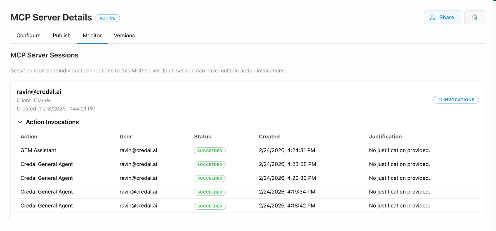 Monitor tab showing logged sessions for an MCP server