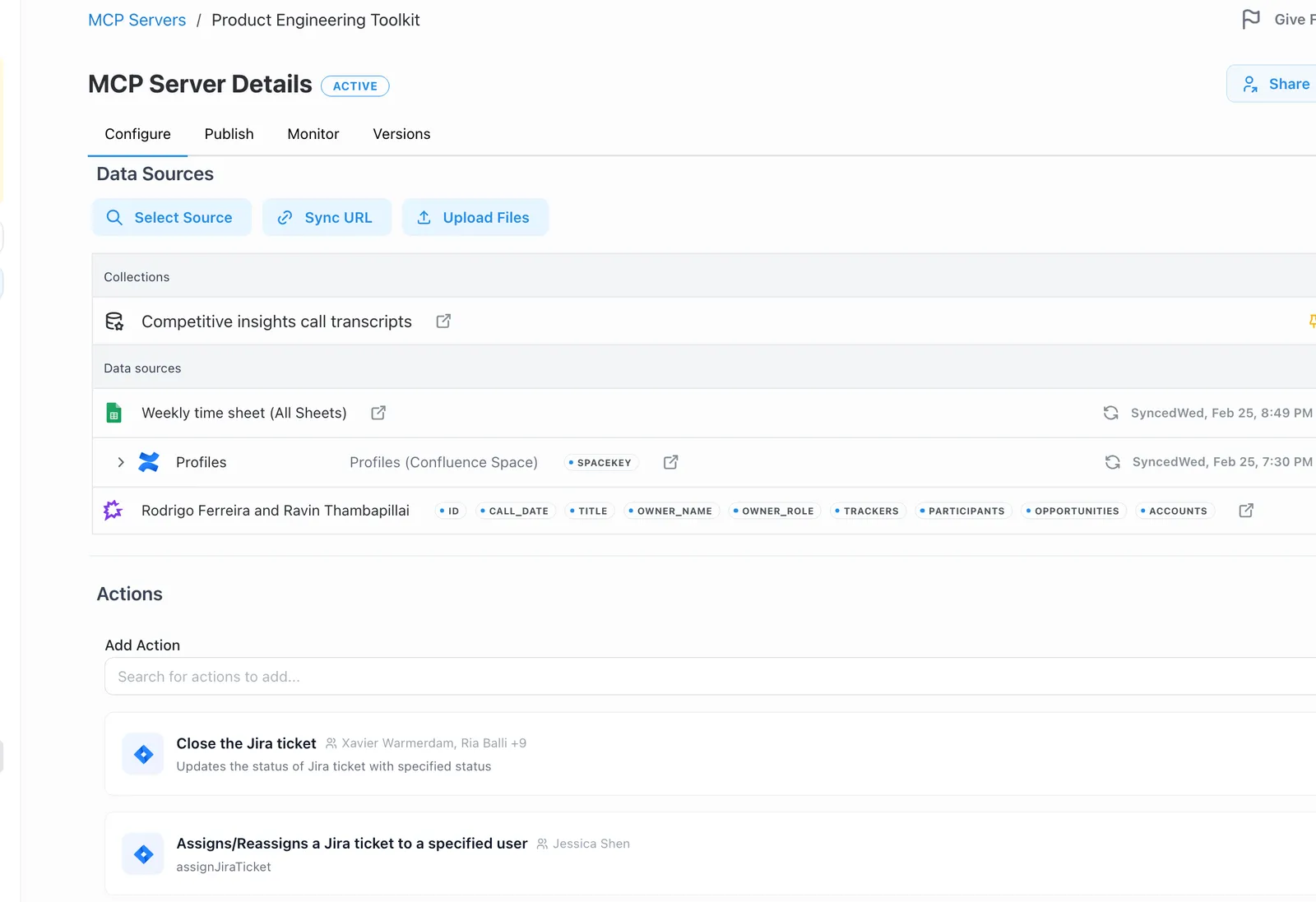 Attaching action and data connectors to an MCP server
