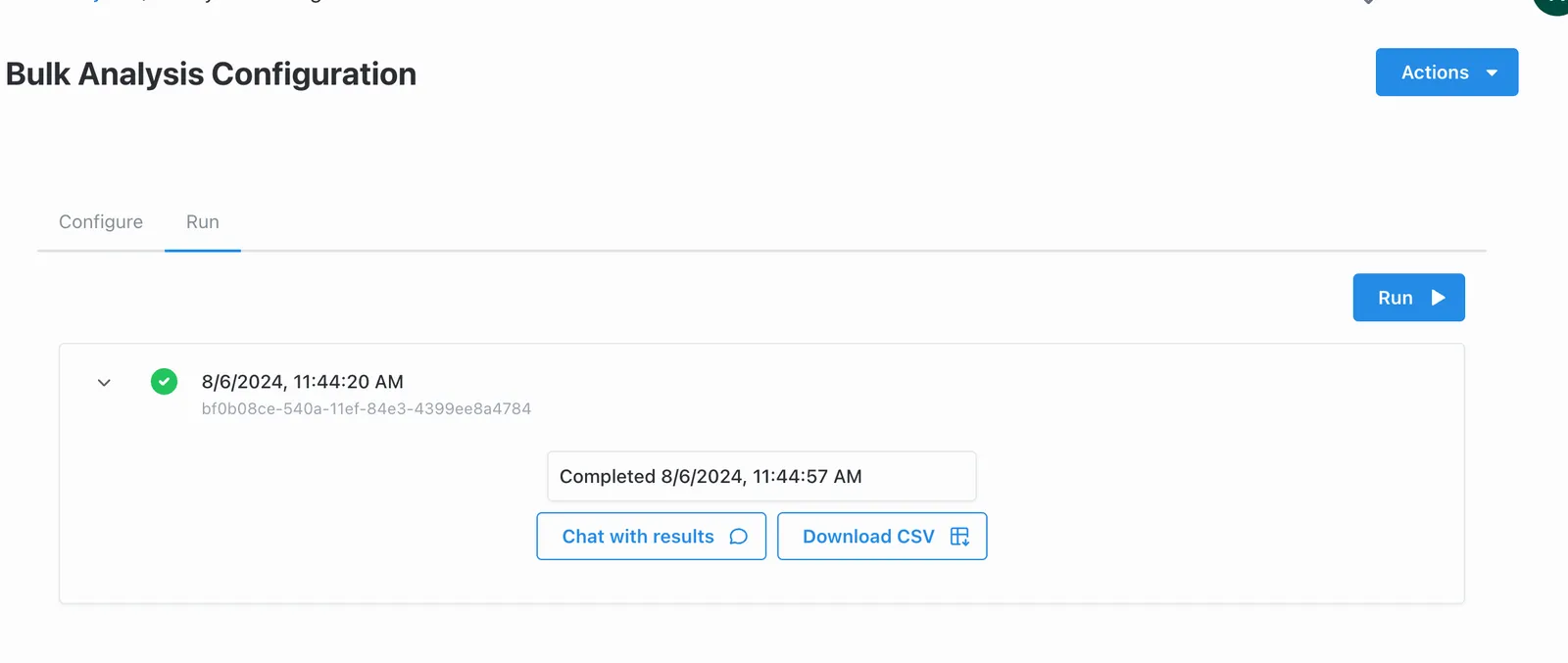 Run tab with options to chat with results or download a CSV