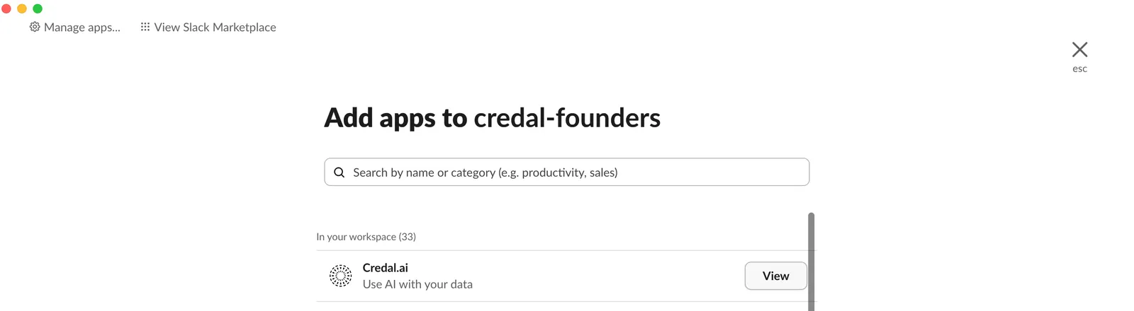Adding the Credal.ai app to the Slack channel from the Integrations tab