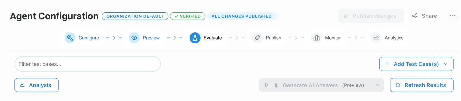 Evaluate tab showing the Add Test Case(s) button and a list of test questions
